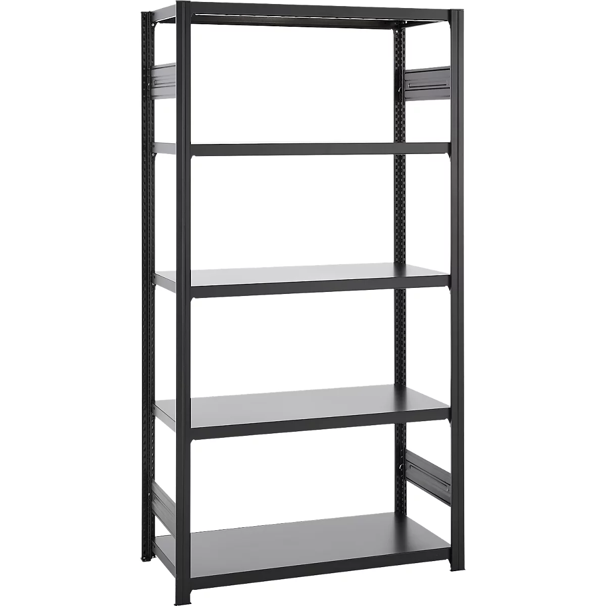 Black metal shelving unit with five levels. Ideal for storage and organization.