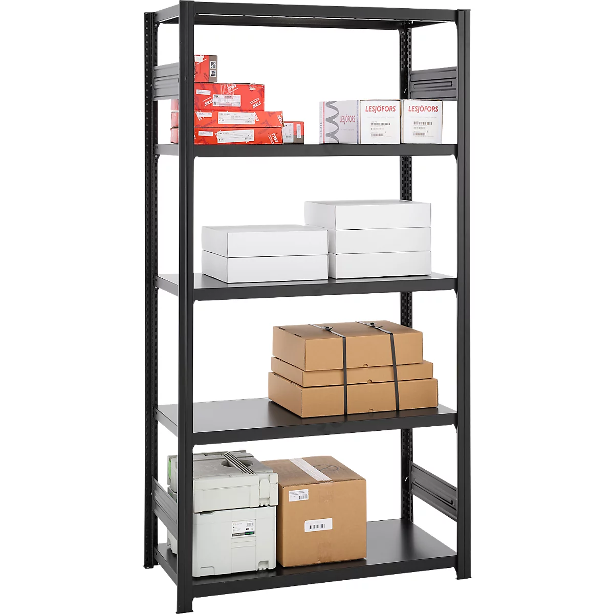 Black metal shelving unit filled with boxes and packaging. The shelves are differently stocked.