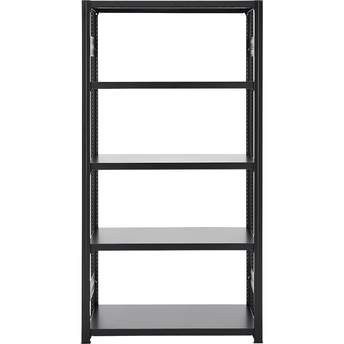 Black shelving unit with five levels, against a white background. Metal structure, simple design, for storage.