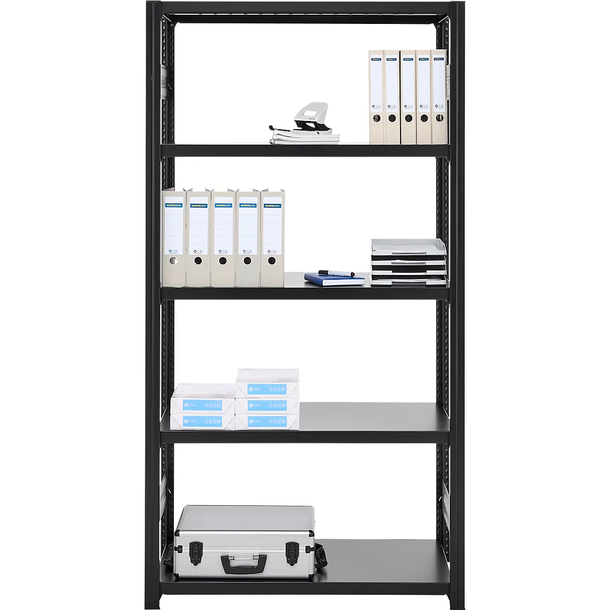 Black shelving system with binders, paper, hole punch, pens and briefcase on white background.