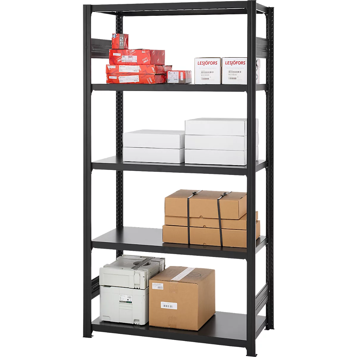 Black shelving unit with various items. On the shelves are boxes, printers, and packages.