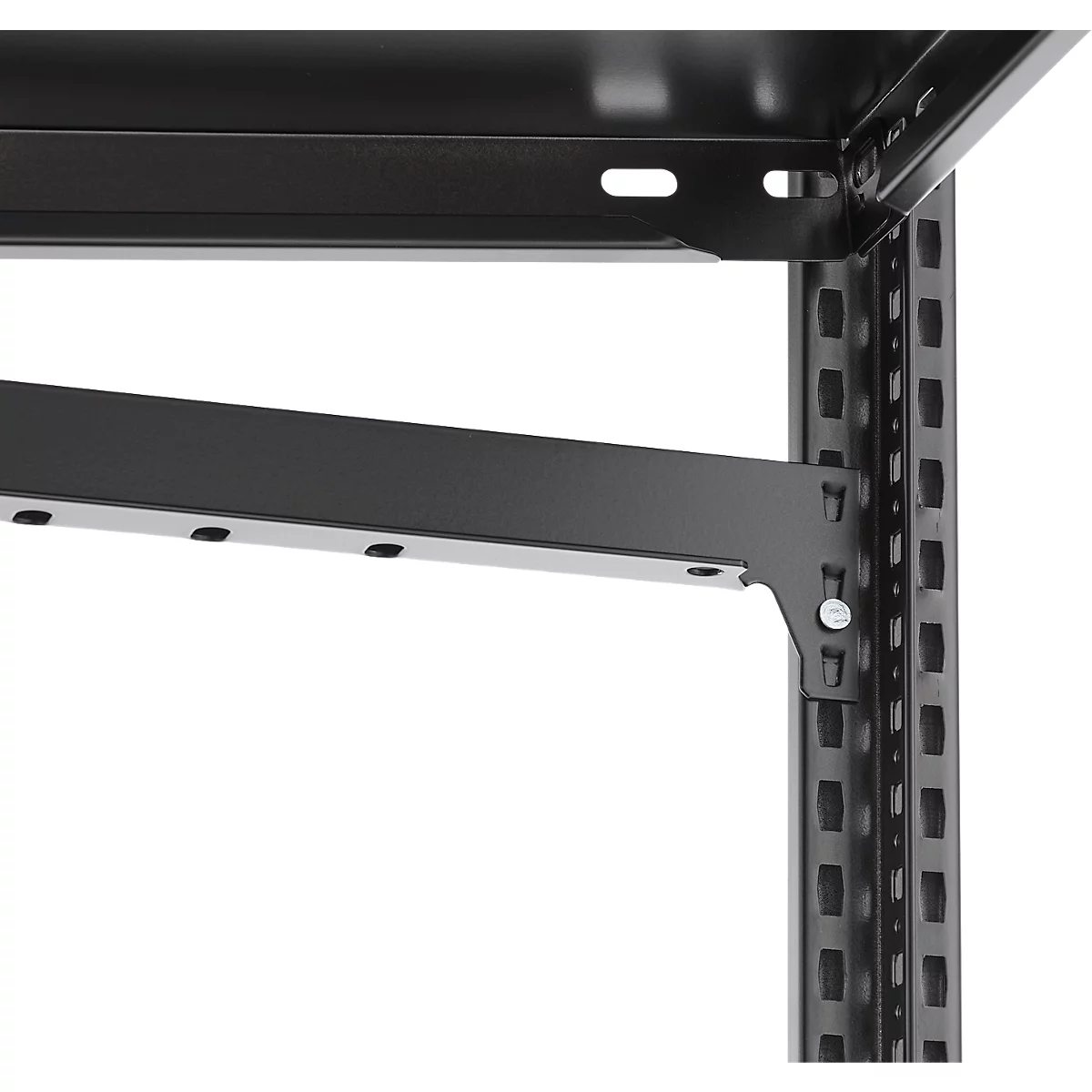 Close-up of a black shelving unit construction, with brackets and screws.