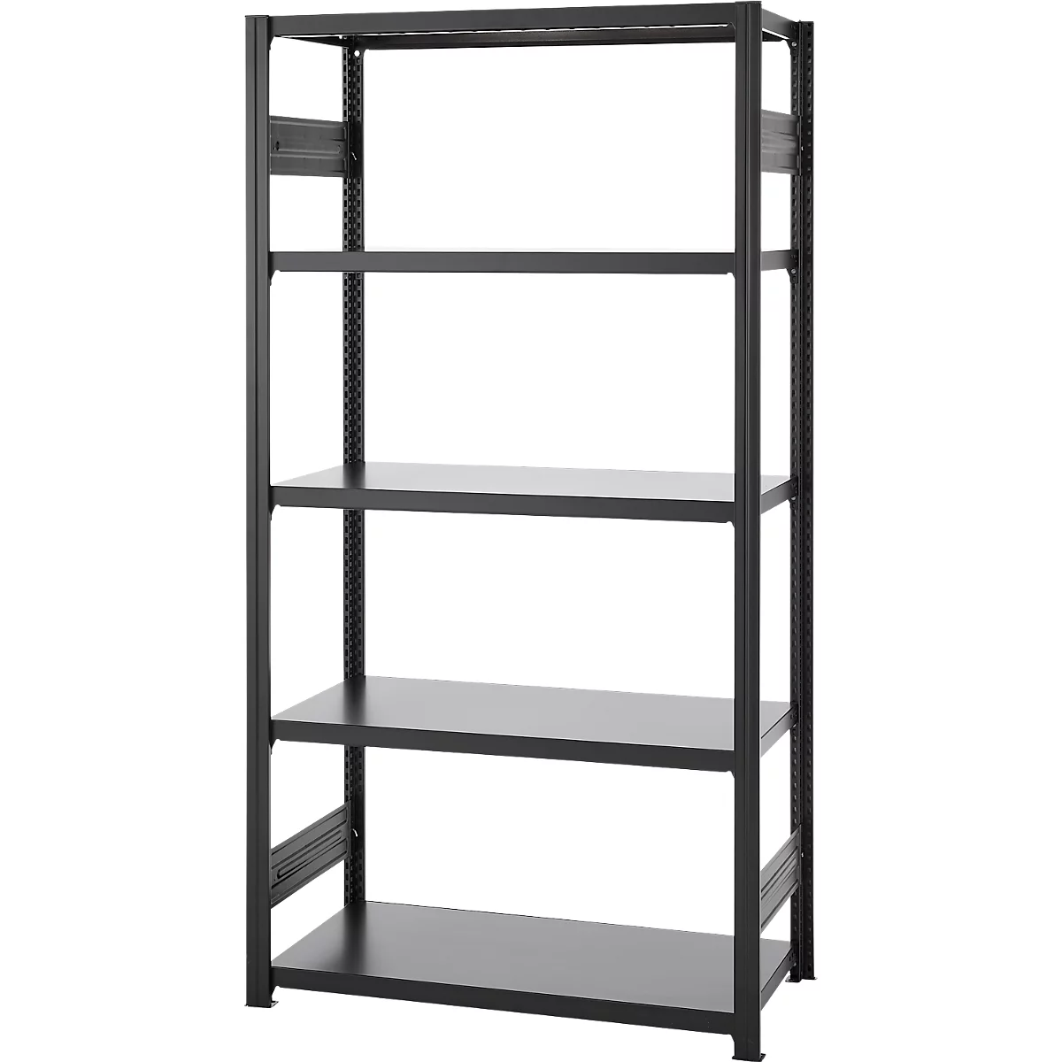 Black, free-standing shelf with five levels. Frame and shelves are made of metal.