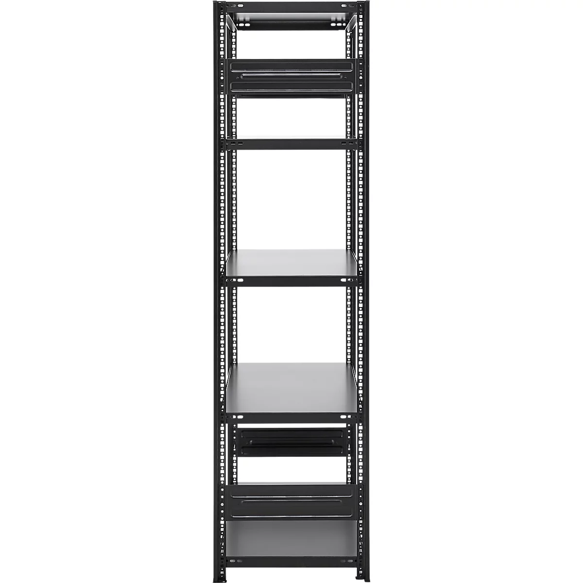 Black metal shelf with six shelves. The shelf is upright, the sides are perforated.