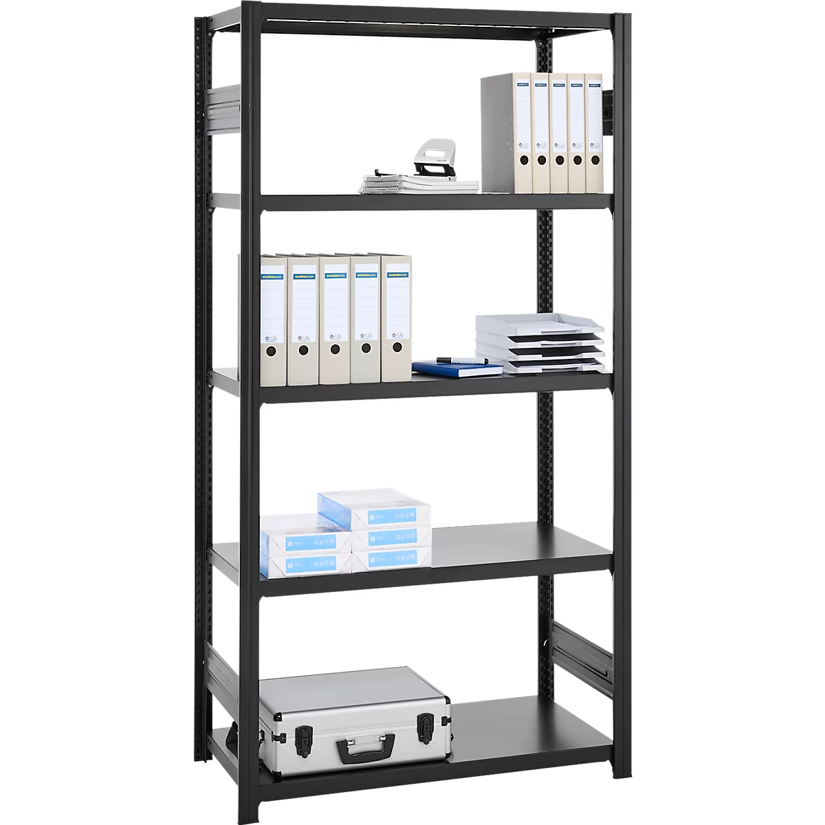 Black shelving unit with binders, stapler, paper, and briefcase. On a neutral background.