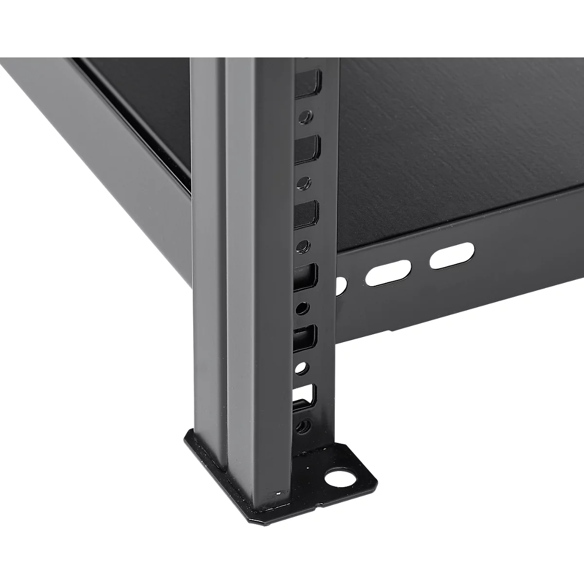 Close-up of a black metal shelf, details of the bracket and the openwork construction.