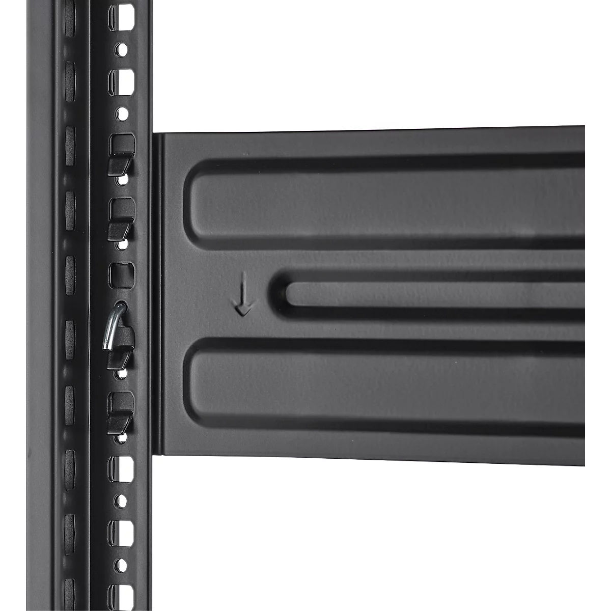 Close-up of a black metal rack bracket. Arrow indicating the direction of assembly.