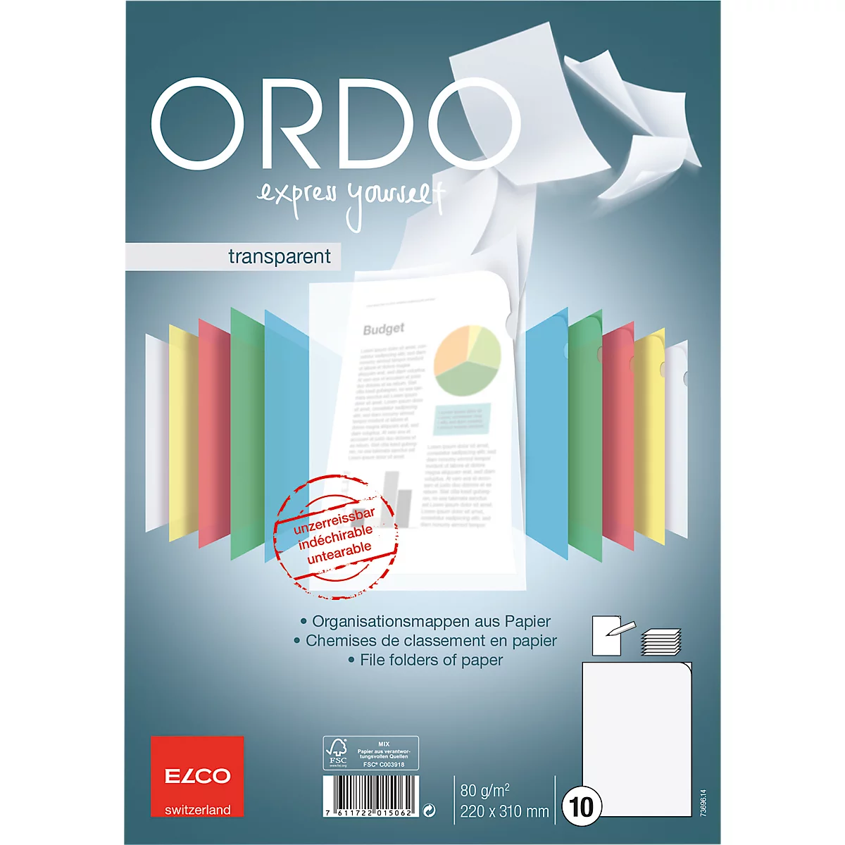 Product image of folders. The word "ORDO" is written in large letters at the top, with "express yourself" below it. Below it says "File folders of paper".