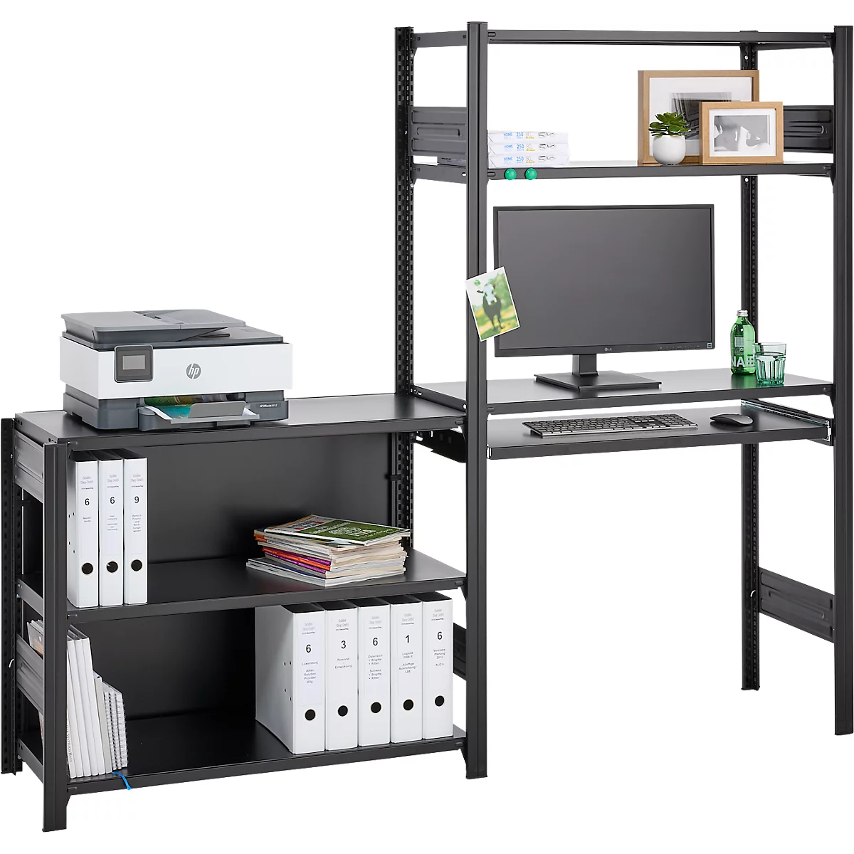 ORDO Home Regalkombination, Grund- und Anbauregal, 6 Fachböden, multifunktional, mobil, B 2070 x T 435 x H 1750 mm, tiefschwarz matt RAL 9005