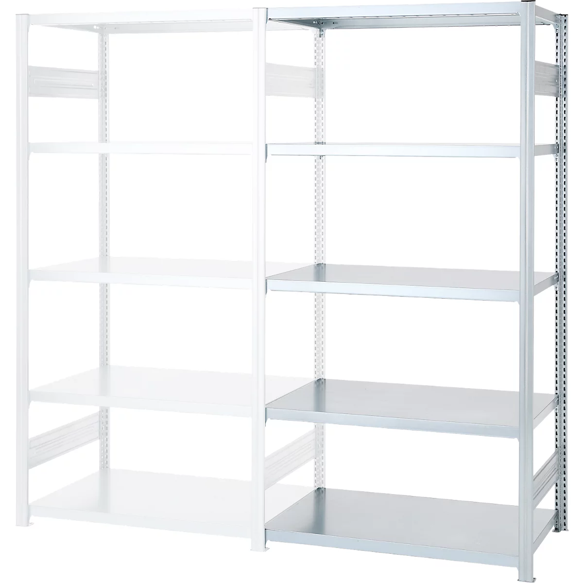 Twee metalen rekken met vijf niveaus. De linker plank is wit, de rechter grijs. Beide staan voor een witte achtergrond.