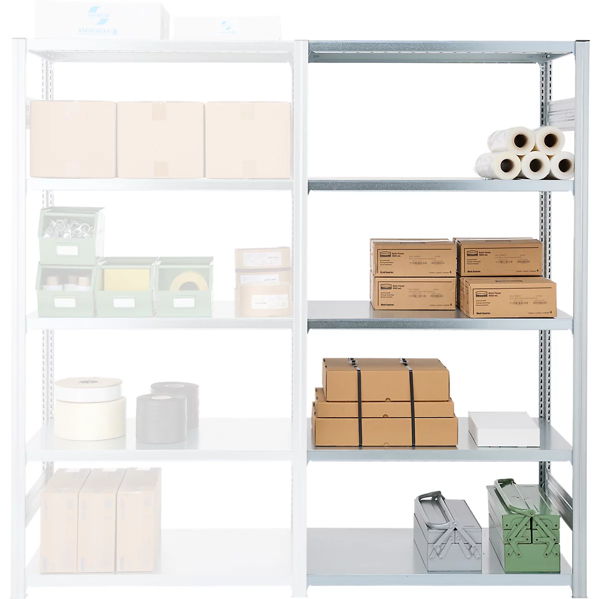 Metalen rek met diverse producten: dozen, rollen, gereedschapskisten.