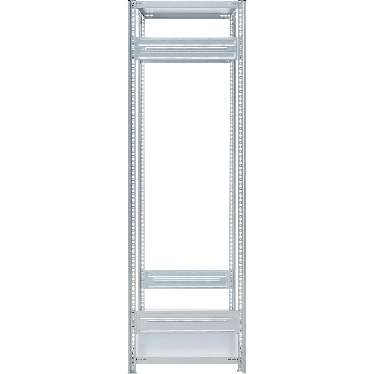 Grey metal rack, front view, white background.