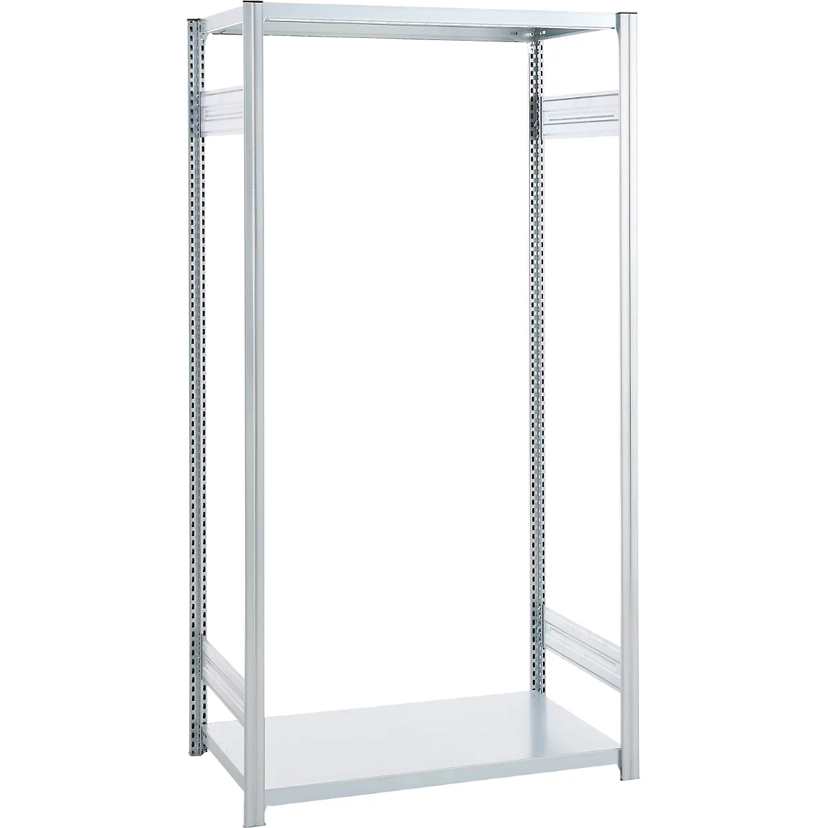 Open metal shelf with white base plate, against a white background.