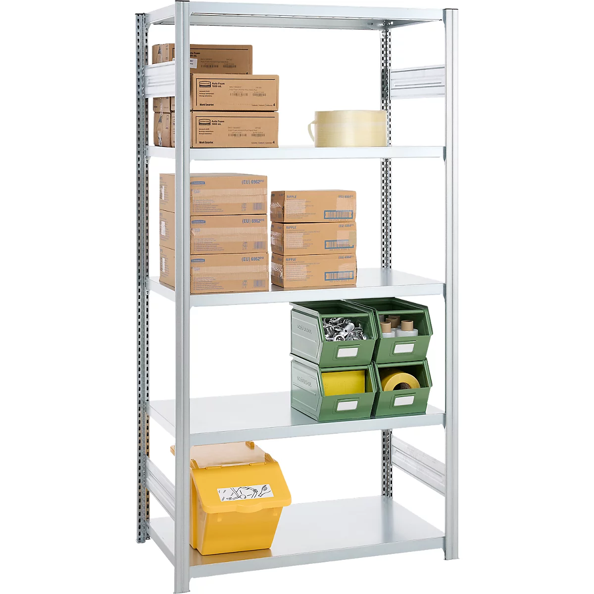 A silver shelf with five shelves filled with boxes, containers, and rolls of tape.