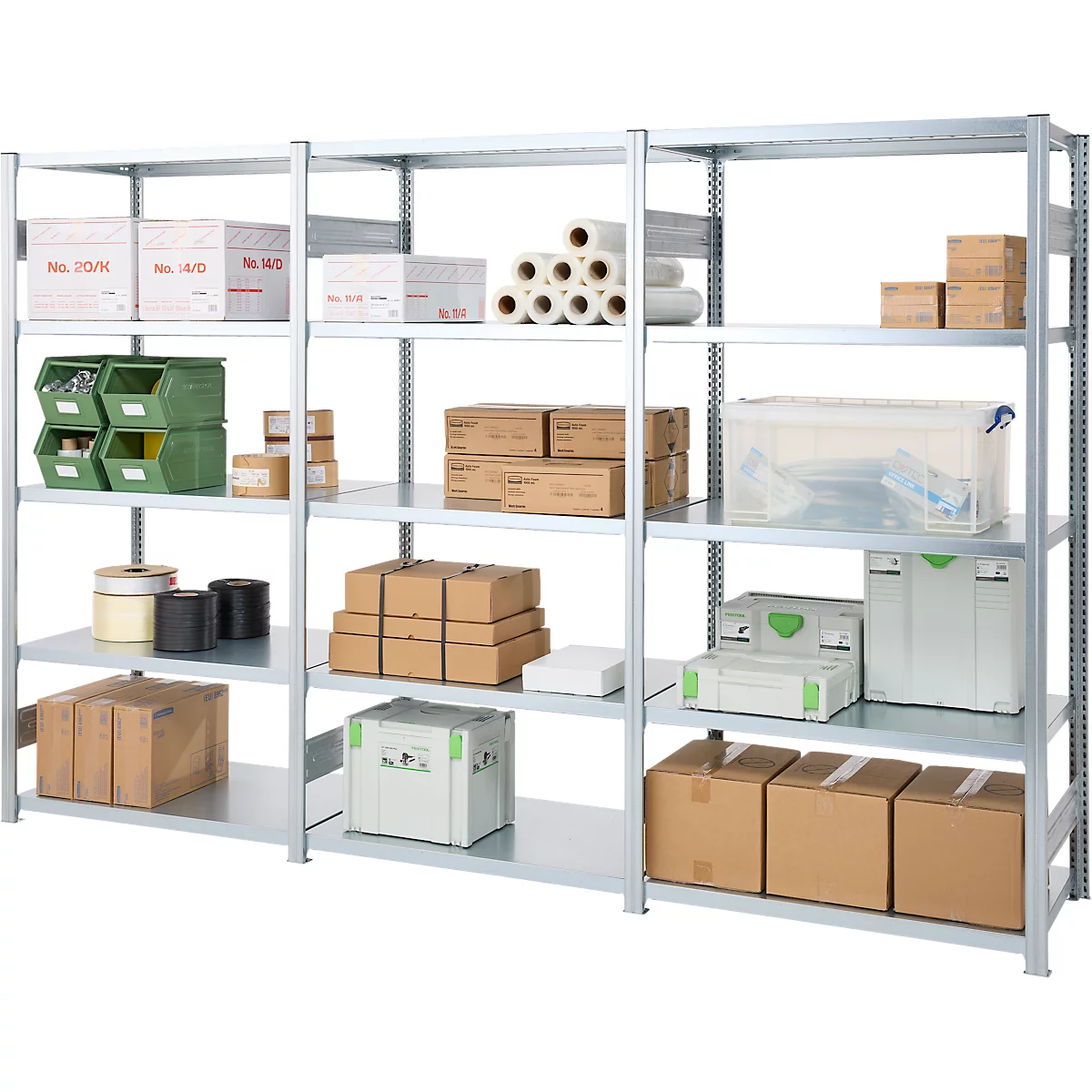 A metal shelving unit with multiple levels, filled with boxes, containers, and rolls of paper. The grey shelves are stocked with various products.