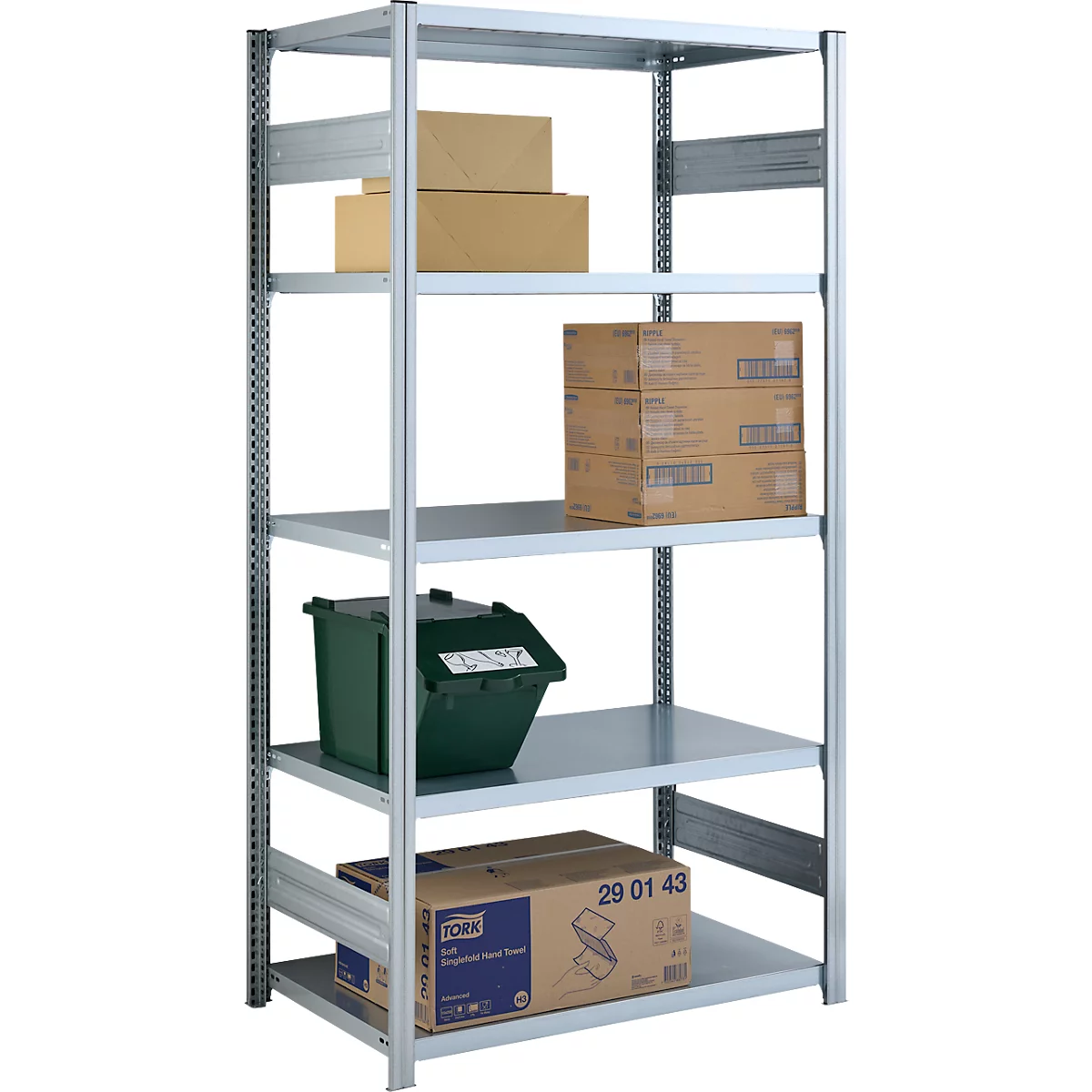 Gray metal shelving with cardboard boxes and a green bin. Labels and markings visible on boxes. The shelves are filled with various goods.