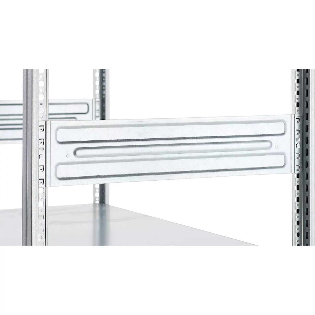 Close-up of a silver shelf support with three parallel, protruding lines. The support is held between two vertical struts.