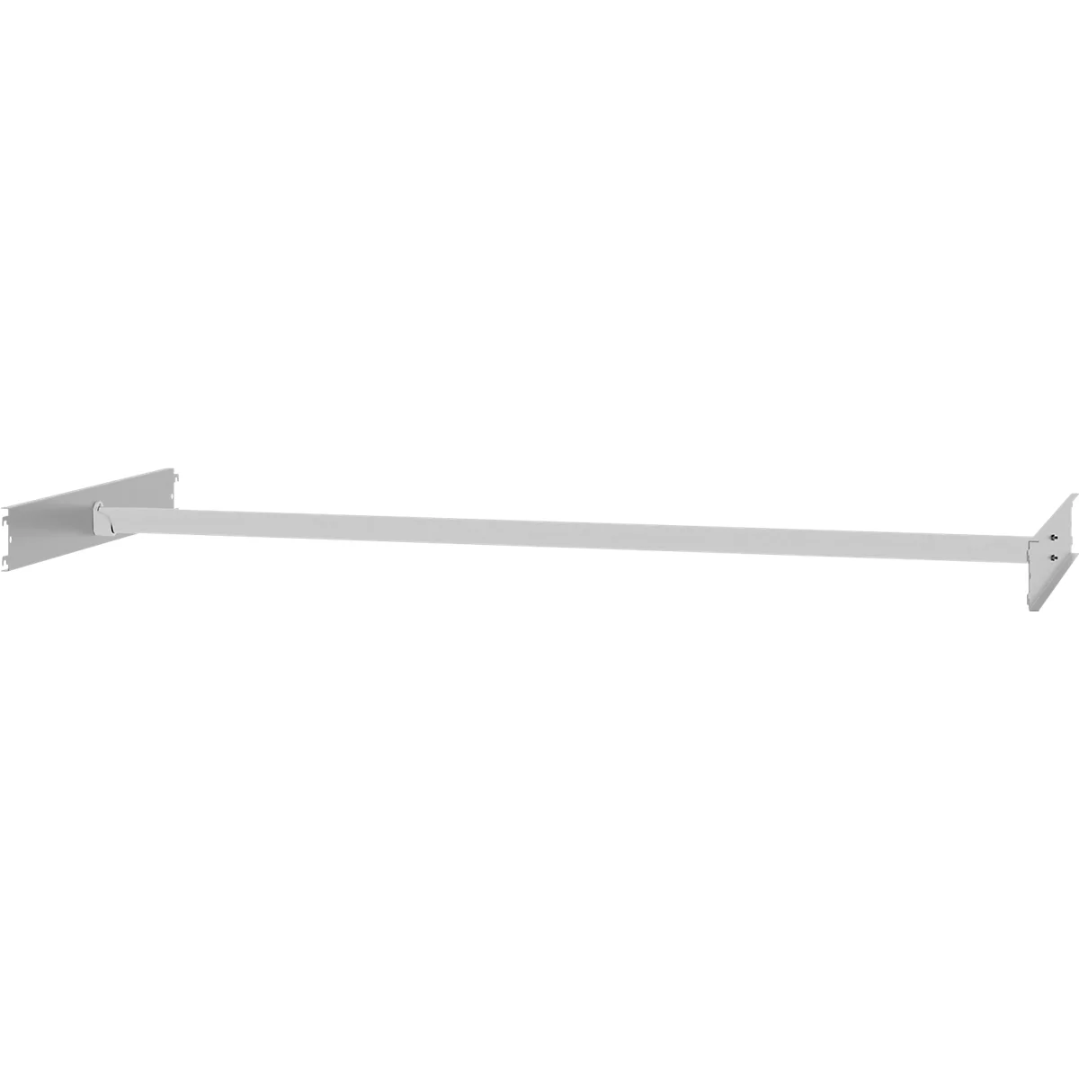 Lange, flache Metallstange mit Montageplatten an beiden Enden auf weißem Hintergrund.