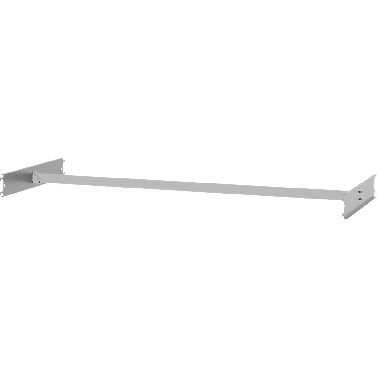 Eine silbergraue Metallstange zur Wandmontage mit flachen Halteplatten an beiden Enden auf weißem Hintergrund.