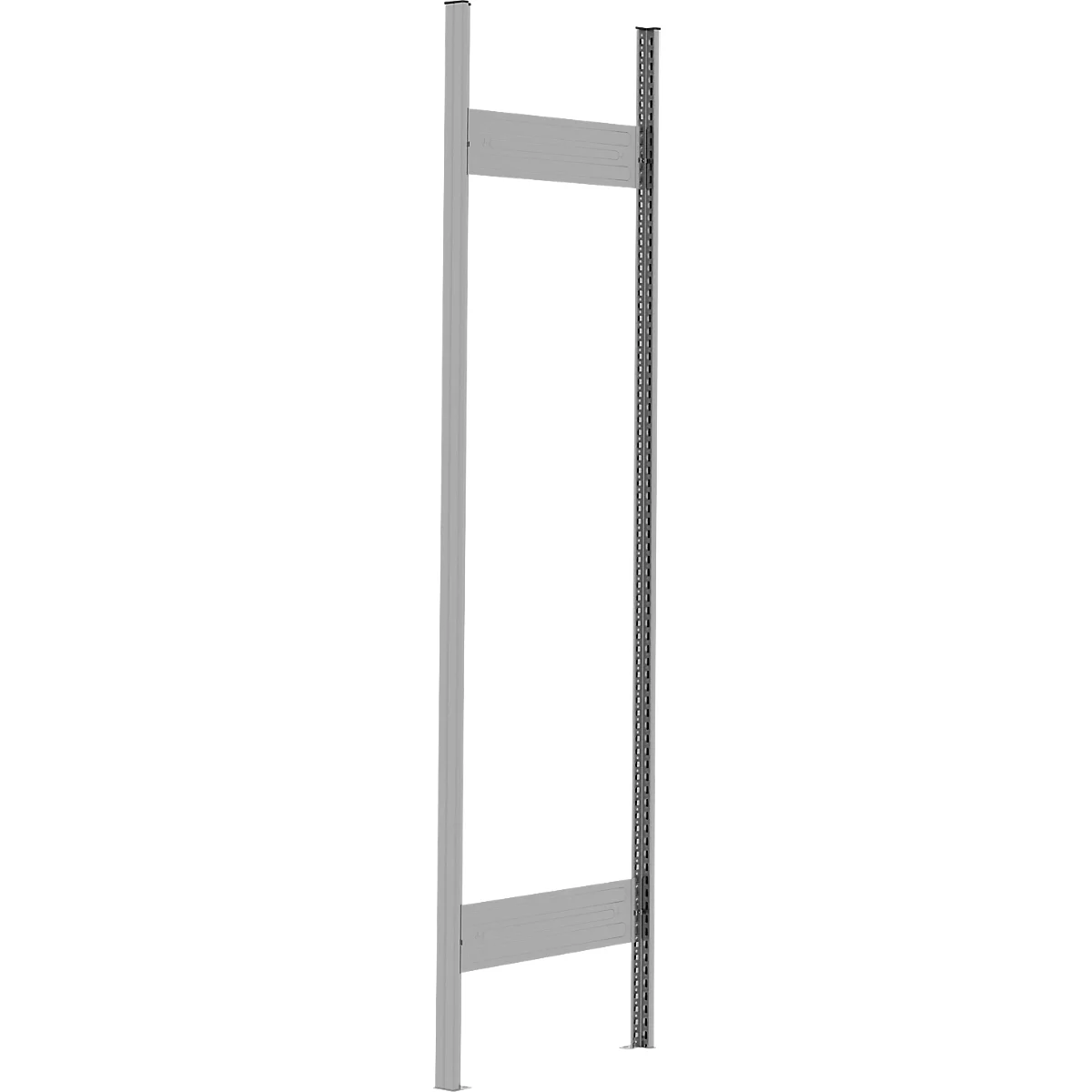 Vertikales silbernes Metall-Regalgestell mit zwei Verbindungsstreben und gelochten Seitenelementen.