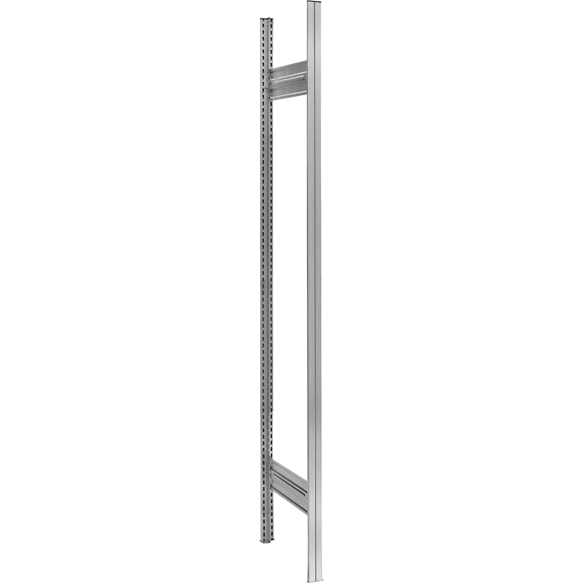 Silberner Metall-Regalrahmen mit vertikalen Lochpfosten und horizontalen Verbindungselementen.