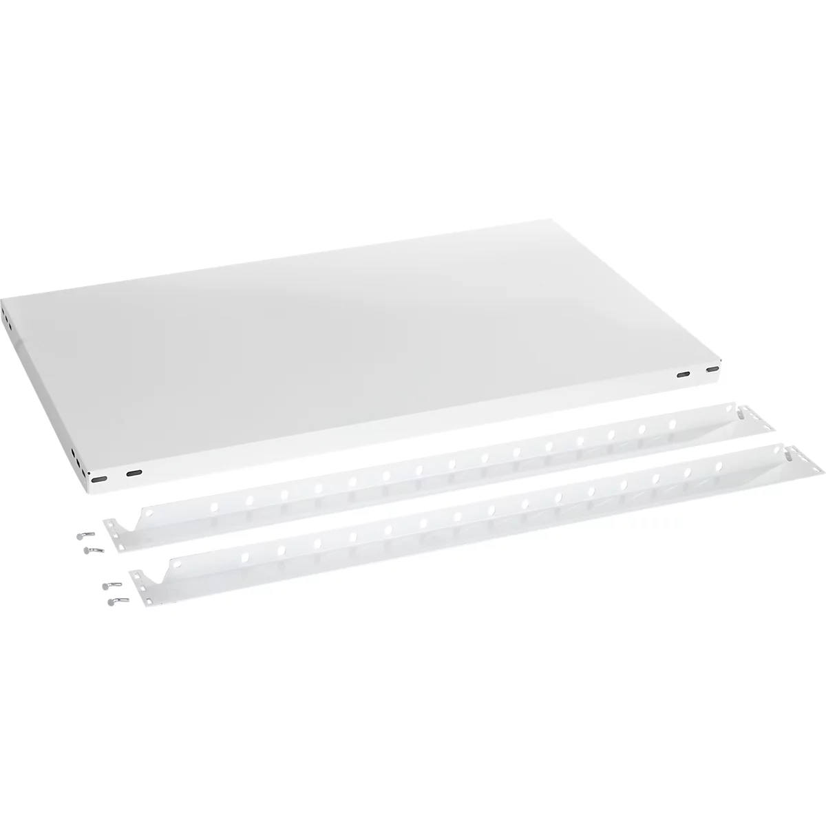 Witte plank met twee beugels en schroeven. De plank is een rechthoek en rust iets boven de beugels.