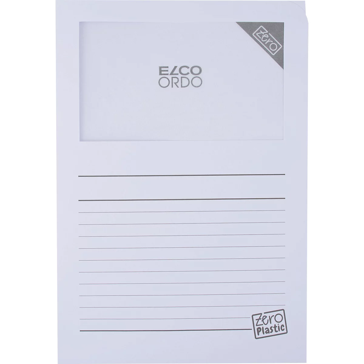 Weisses Notizbuch mit dem Schriftzug "ELCO ORDO". Rechts oben "zero" und unten rechts "zero plastic".