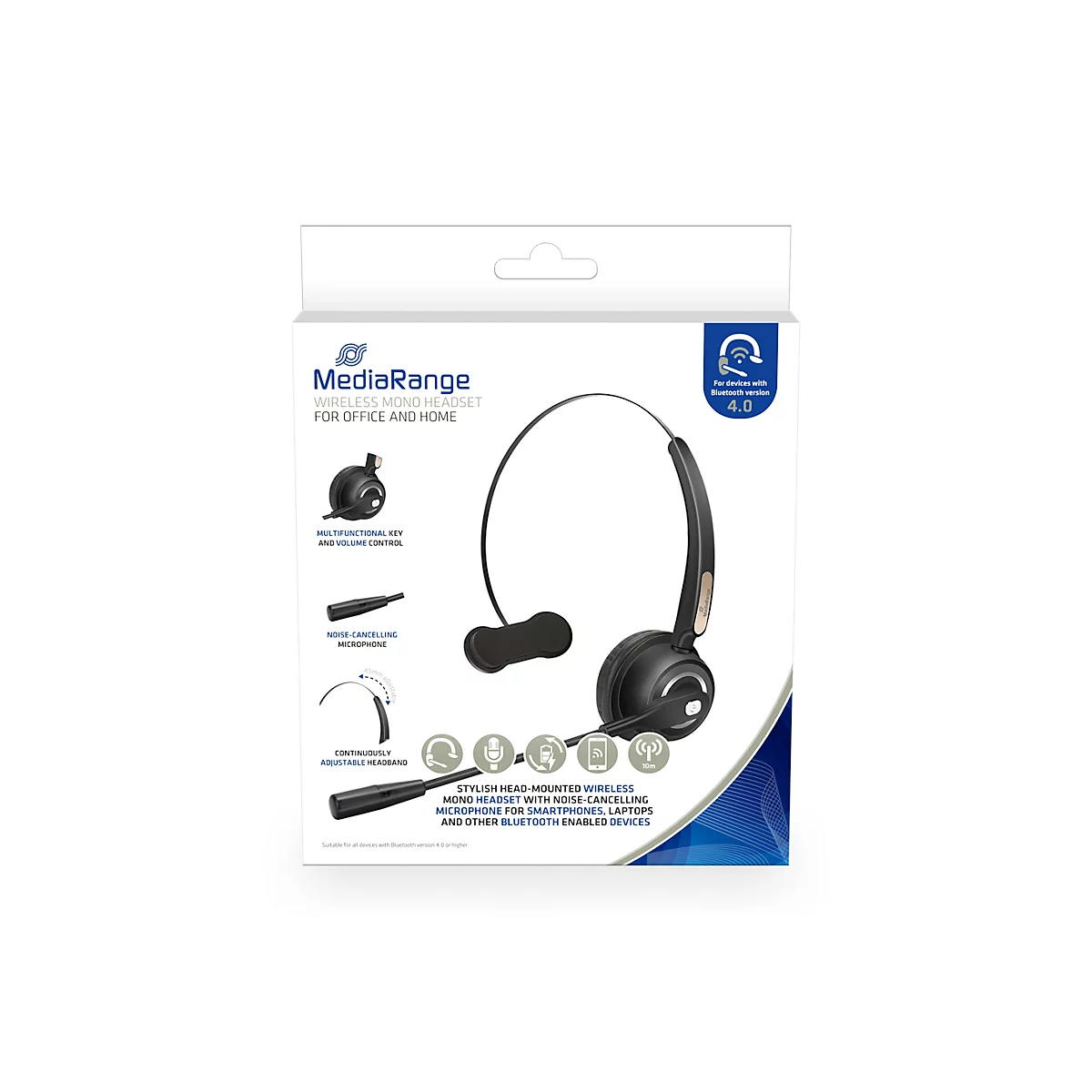 Oreillette Bluetooth MediaRange MROS305, monaural, contrôle du volume, microphone avec suppression du bruit, portée jusqu'à 10 m, jusqu'à 12 h, noir