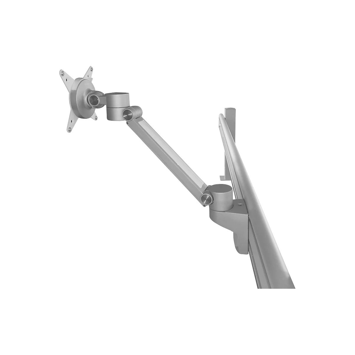 A metallic monitor arm mounted against a white background.