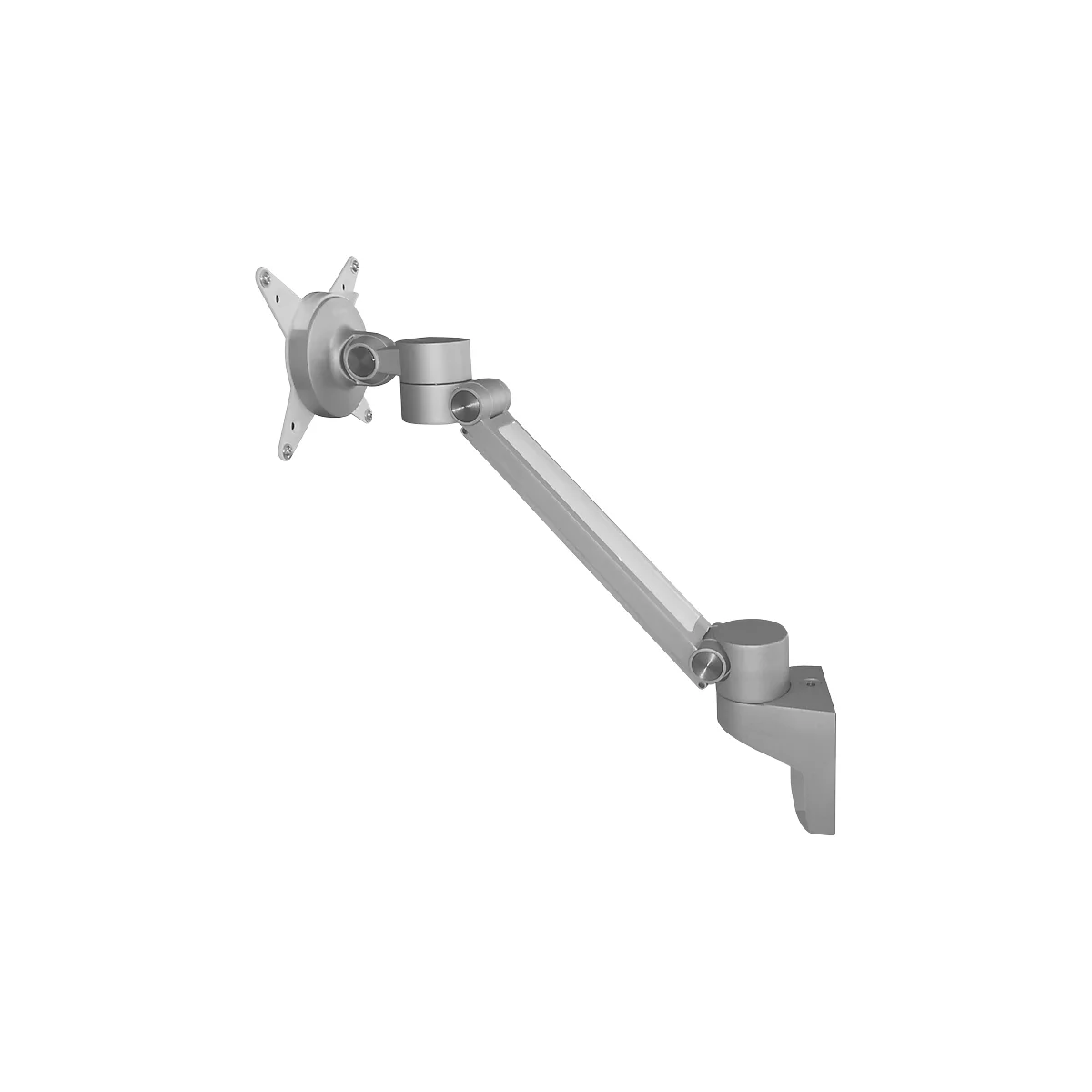 Silver monitor mount, attached to the wall. It consists of multiple joints and a support arm.