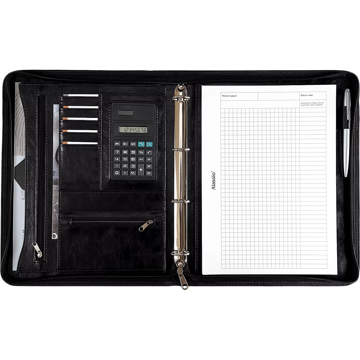 Portefeuille noire avec bloc-notes, calculatrice et stylo. Ouvert, mécanisme à anneaux, fermeture éclair.