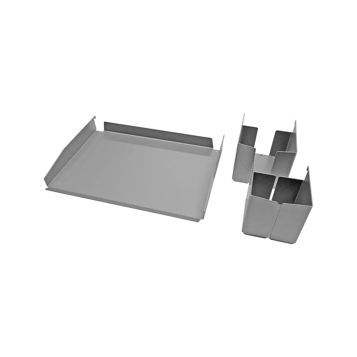 Several gray sheet metal parts: A flat tray and two angular constructions.