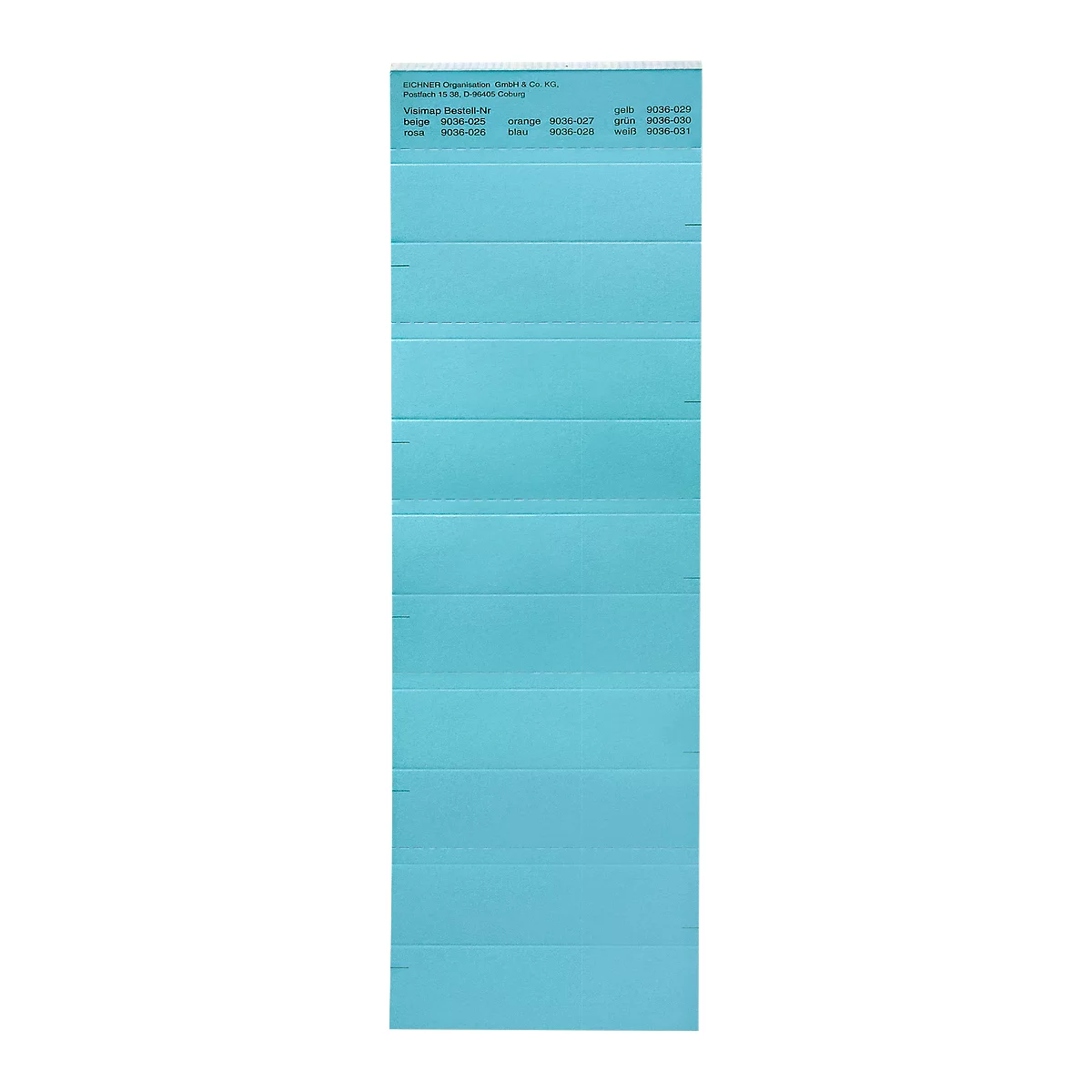 Light blue folded sheet of paper with lines of text.
