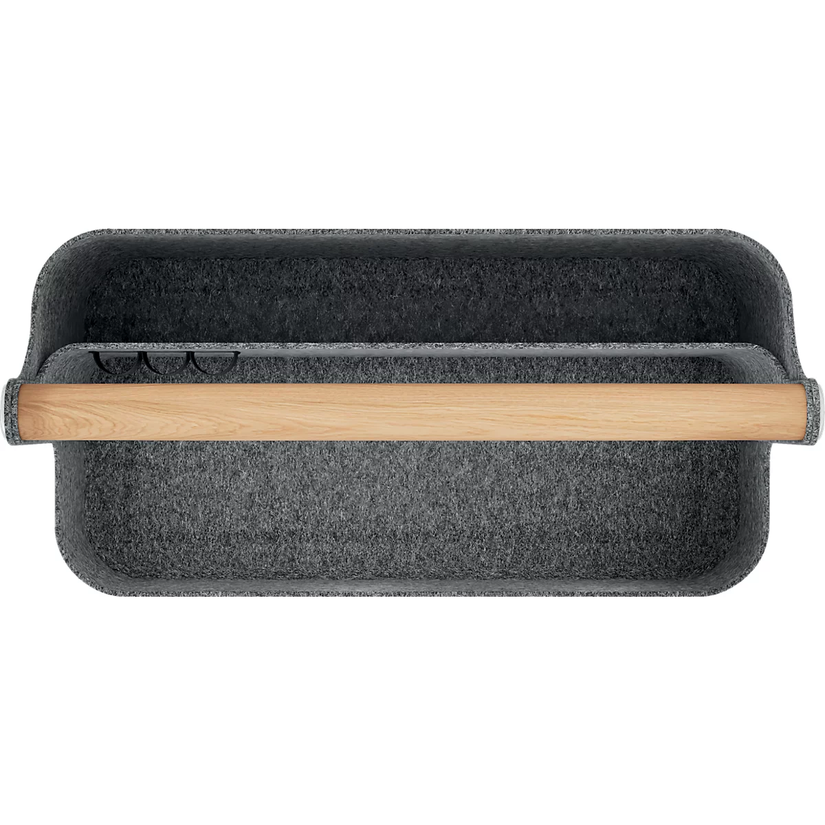 Organisateur de bureau en feutre gris foncé avec poignée en bois, rempli de fournitures, clavier, casque et smartphone.
