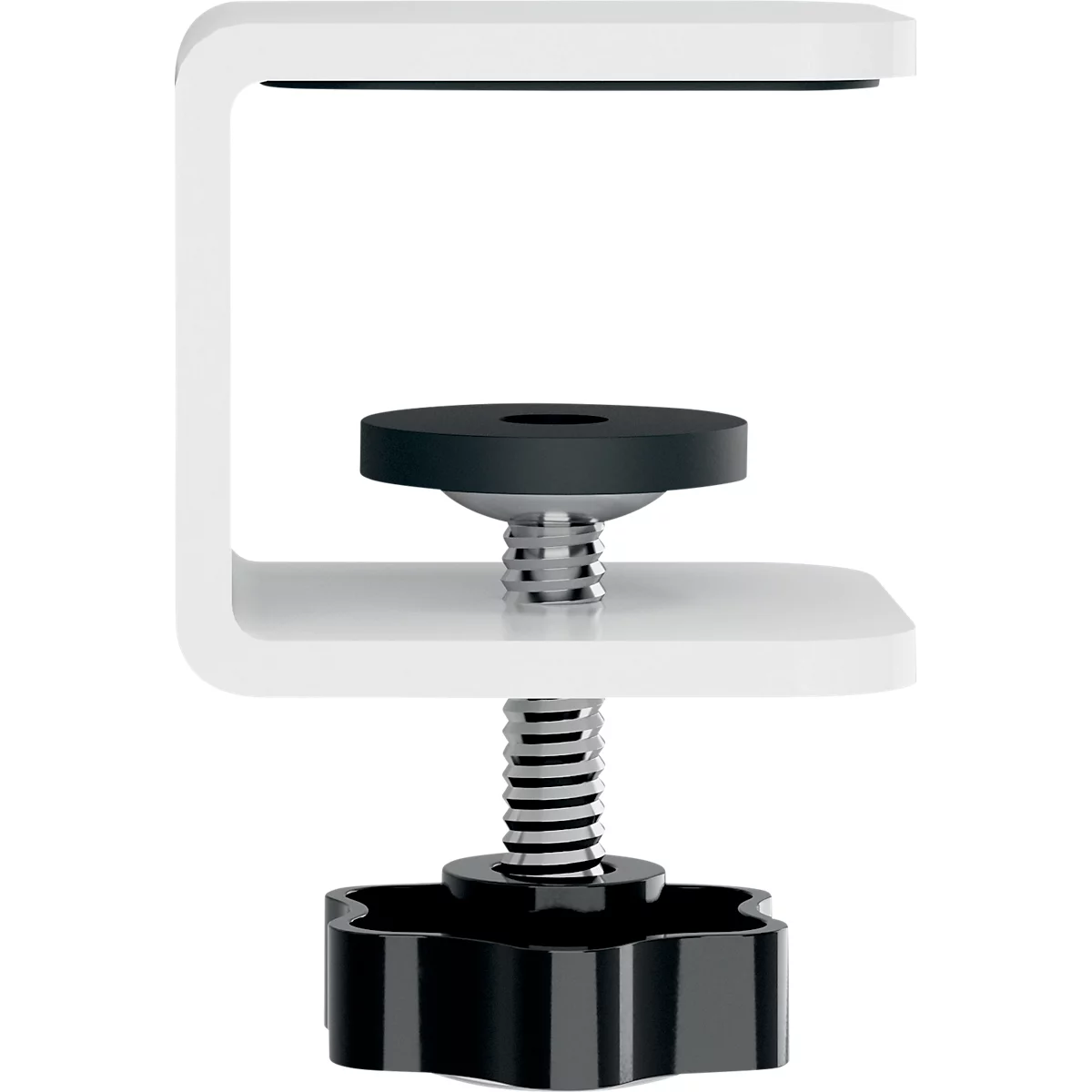 Support de fixation de table blanc en forme de C avec poignée rotative noire et vis de réglage. Au-dessus, un support noir.