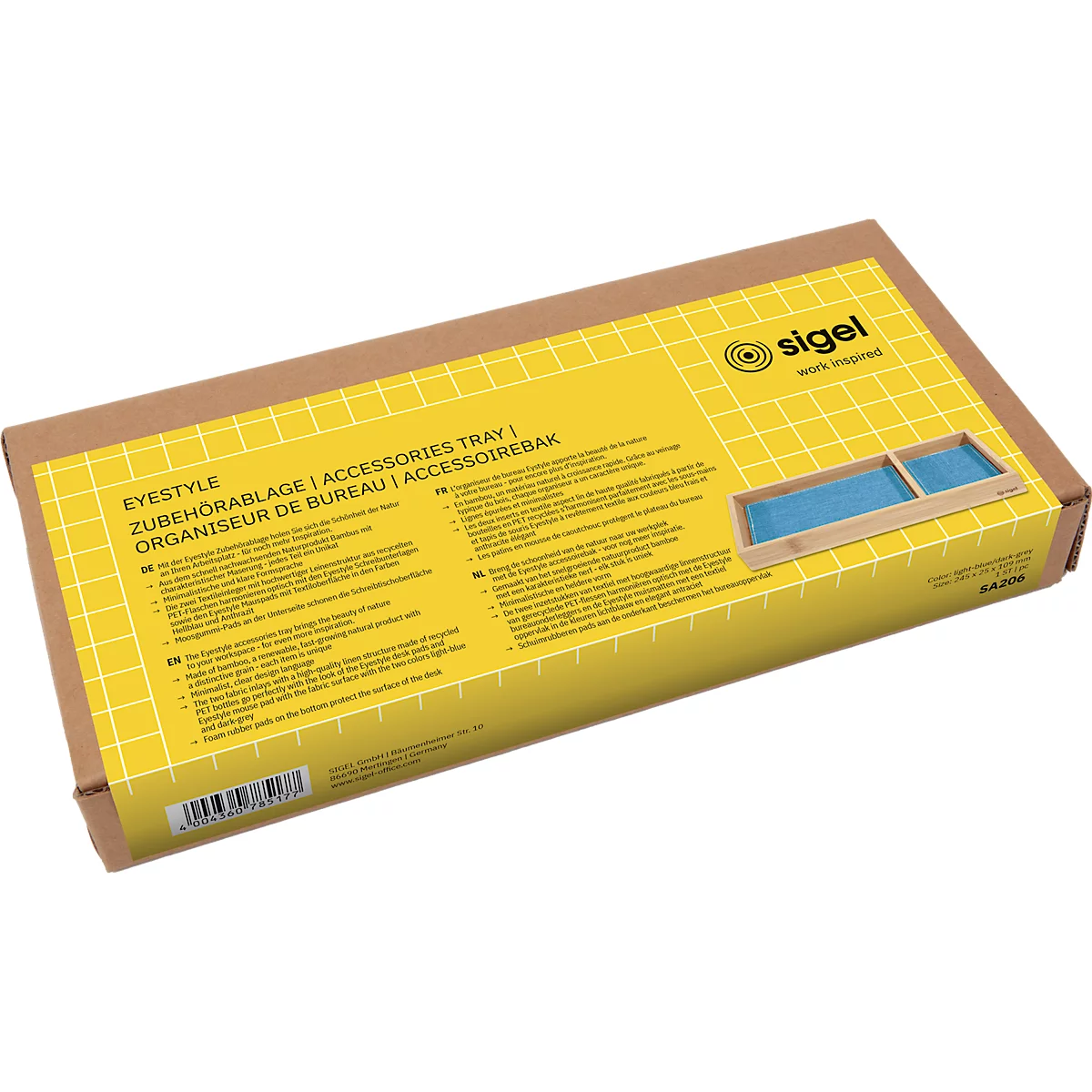 Organiseur de bureau Sigel Eyestyle, rectangulaire, 2 compartiments, inserts textiles en PET recyclé, bleu clair/gris foncé, L 245 x P 109 x H 25 mm, bois de bambou