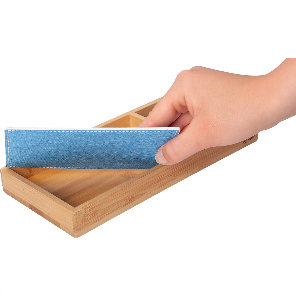 Organiseur de bureau Sigel Eyestyle, rectangulaire, 2 compartiments, inserts textiles en PET recyclé, bleu clair/gris foncé, L 245 x P 109 x H 25 mm, bois de bambou