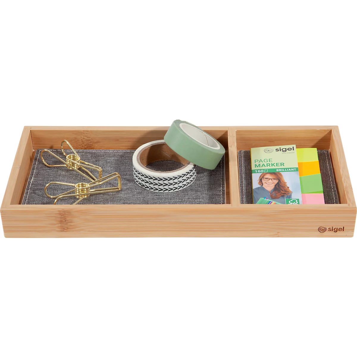 Organiseur de bureau Sigel Eyestyle, rectangulaire, 2 compartiments, inserts textiles en PET recyclé, bleu clair/gris foncé, L 245 x P 109 x H 25 mm, bois de bambou