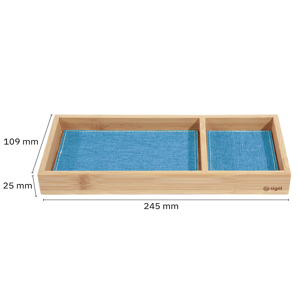 Organiseur de bureau Sigel Eyestyle, rectangulaire, 2 compartiments, inserts textiles en PET recyclé, bleu clair/gris foncé, L 245 x P 109 x H 25 mm, bois de bambou