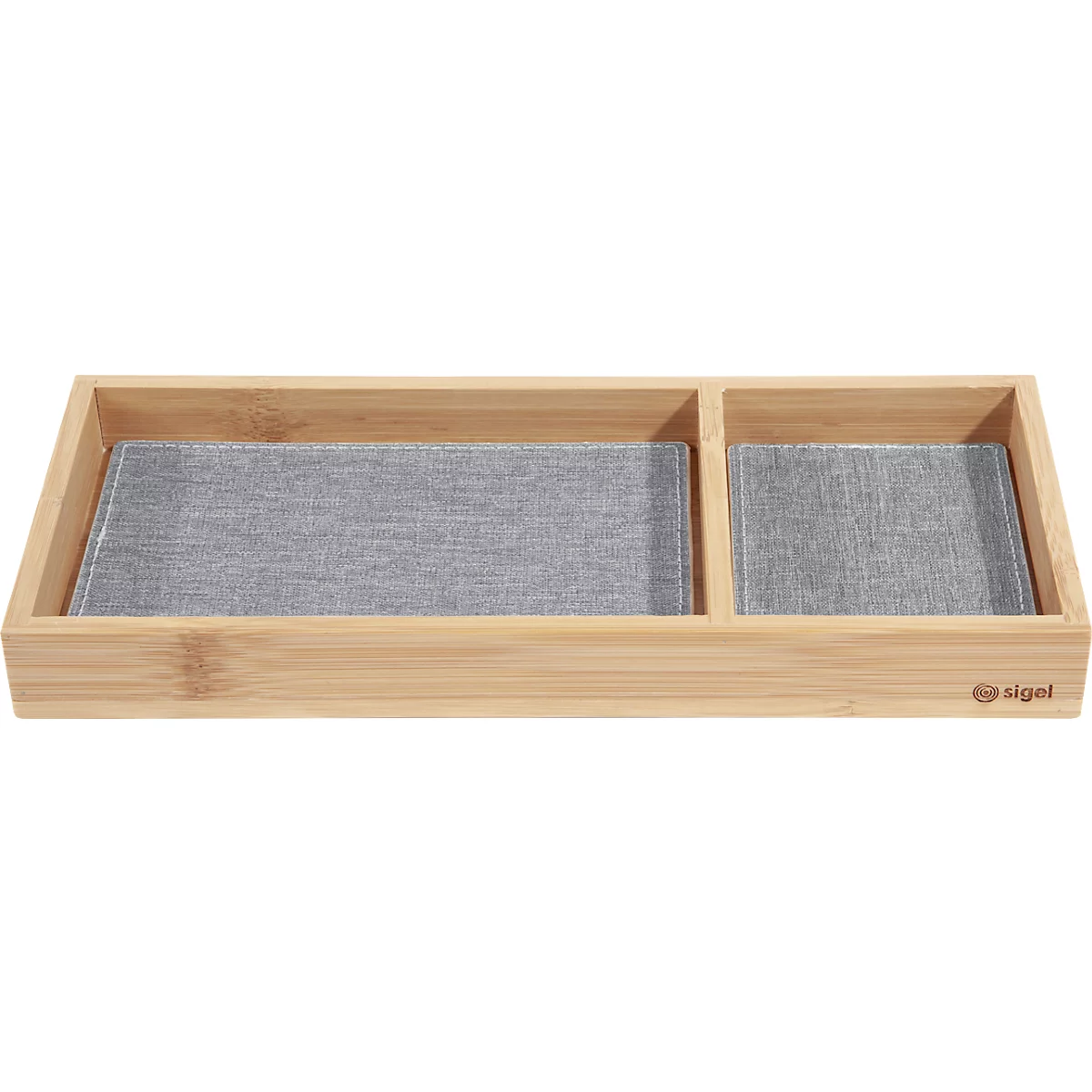 Organiseur de bureau Sigel Eyestyle, rectangulaire, 2 compartiments, inserts textiles en PET recyclé, gris clair/noir, L 245 x P 109 x H 25 mm, bois de bambou