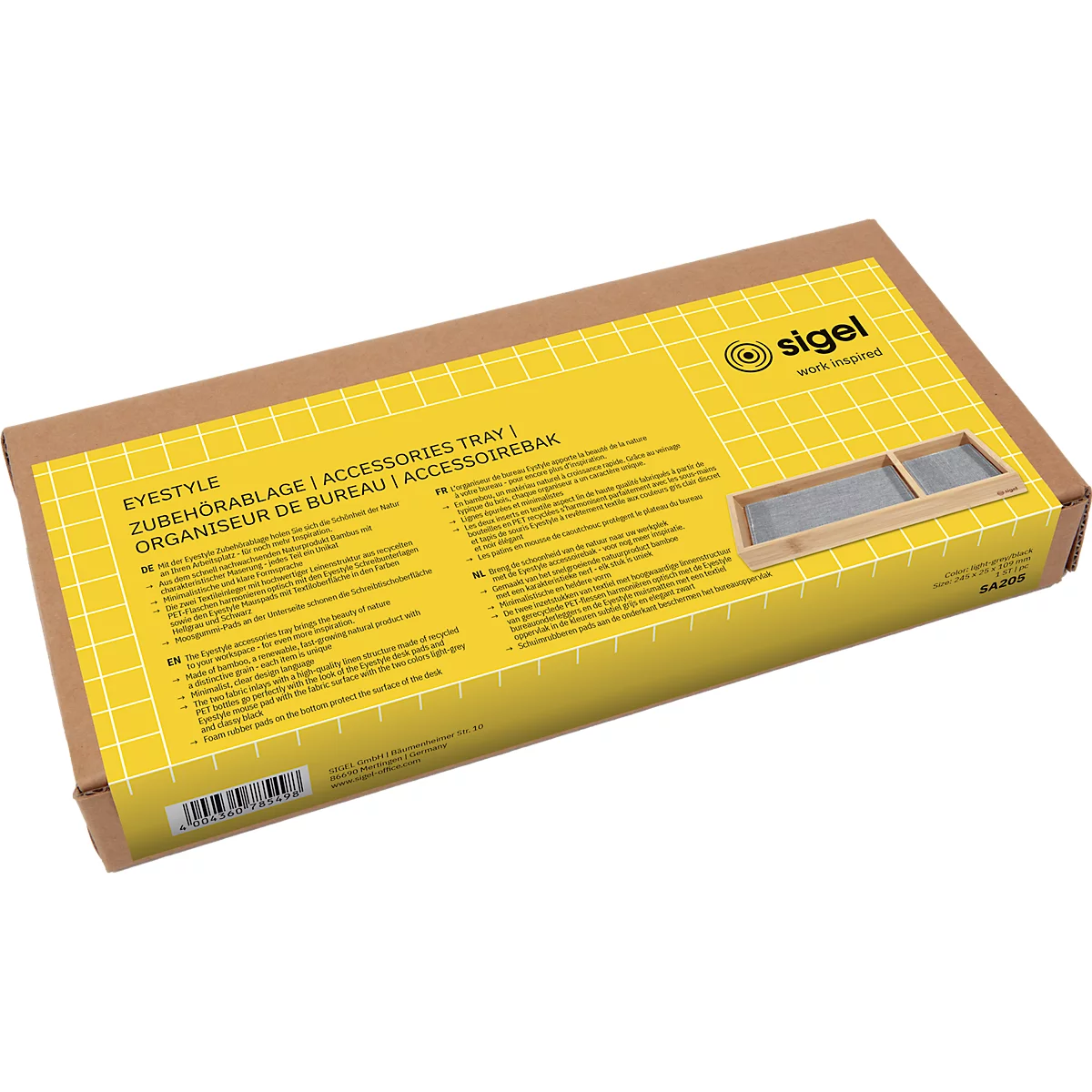 Organiseur de bureau Sigel Eyestyle, rectangulaire, 2 compartiments, inserts textiles en PET recyclé, gris clair/noir, L 245 x P 109 x H 25 mm, bois de bambou