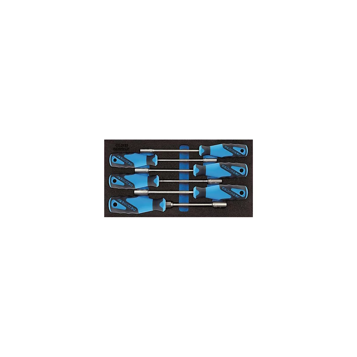 Un ensemble de six clés bleues et noires dans un support en mousse noir.