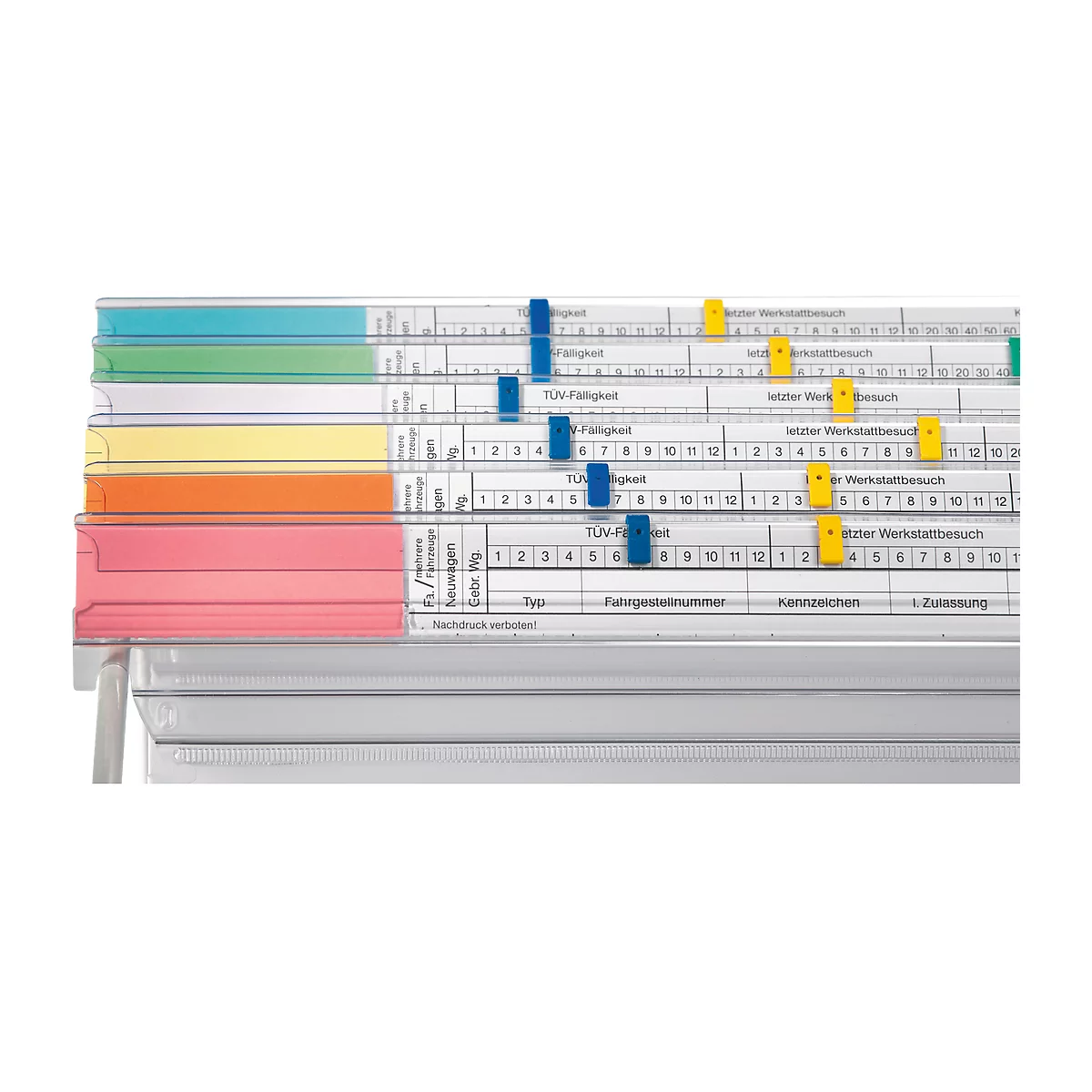 Close-up of colorful index cards, clips marking important data. Text lines with information on vehicle inspection.
