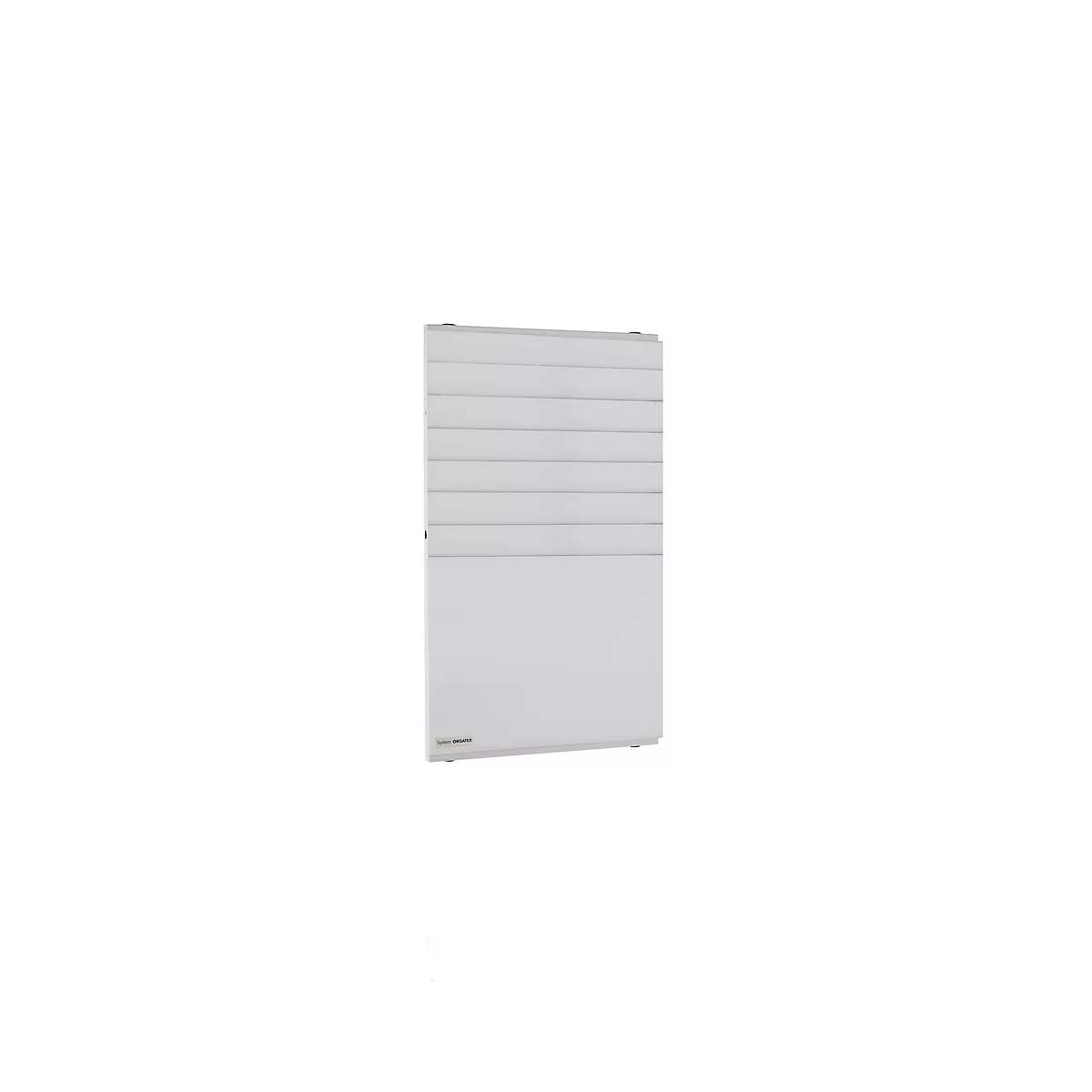 A white radiator standing against a white background. It has horizontal slats.
