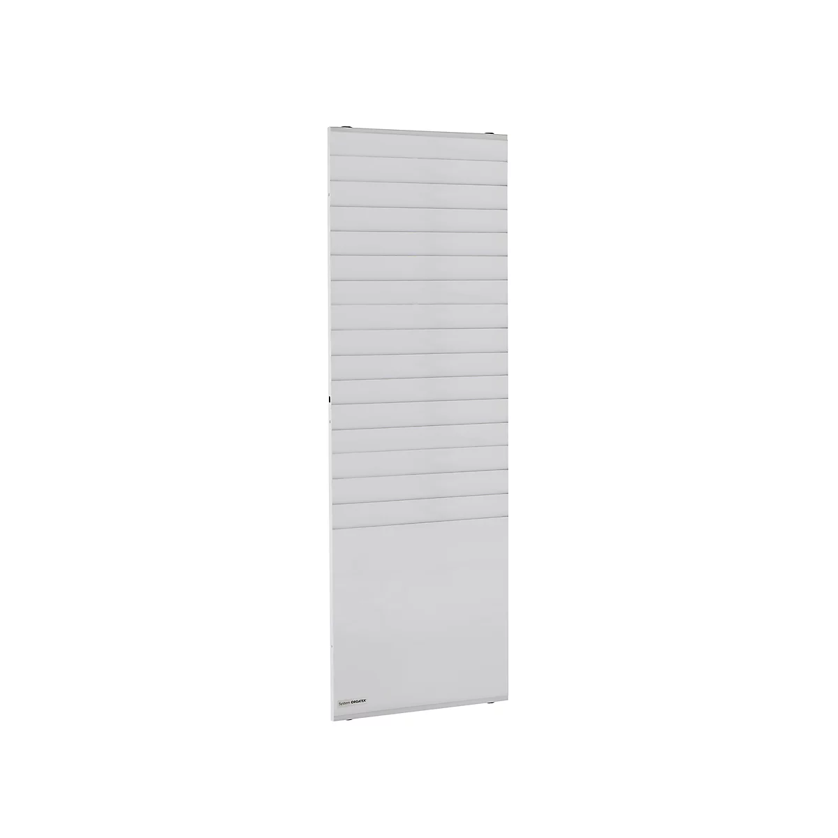 A white radiator with horizontal lines. A lettering is on the bottom left.