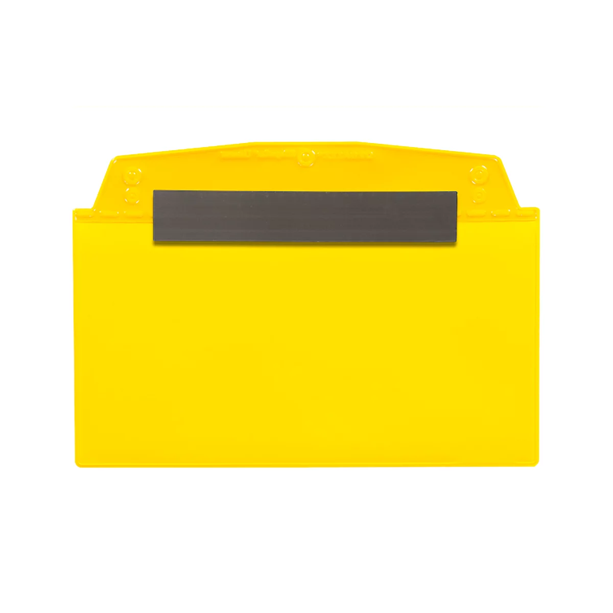 Yellow name tag holder with magnetic strip and rounded top.
