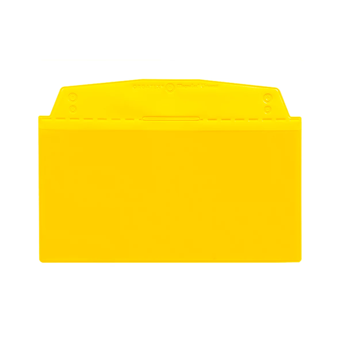 Yellow badge holder, rectangular, with rounded corners and a recess at the top.