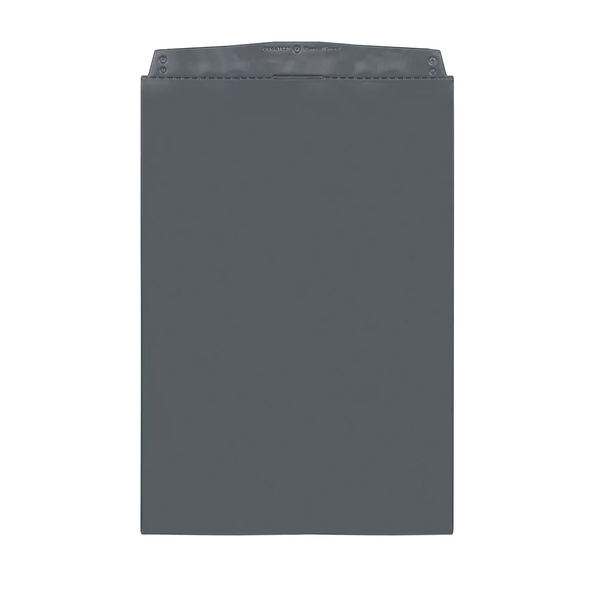Gray bag with rounded top. Two rivets at the top. Seam on the edge.