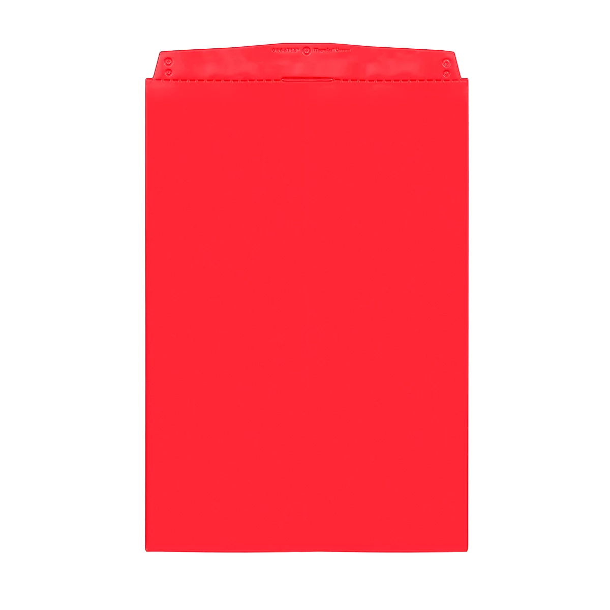 Red document holder. Top with cutouts and seam, below a large, empty area.