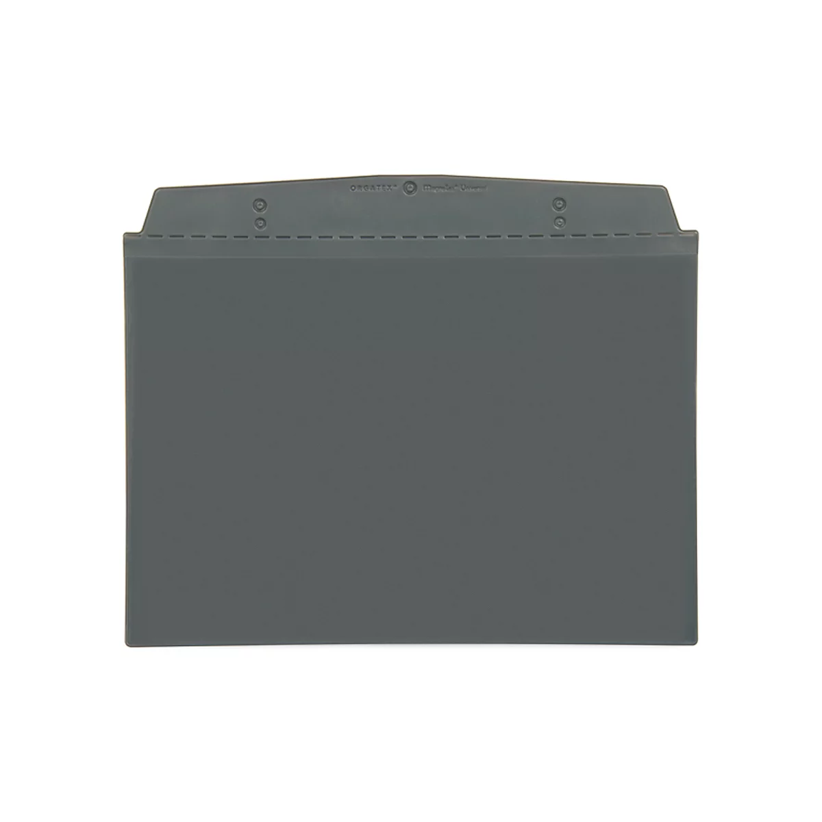 Gray folder on white background. Top edge with holes and seam.